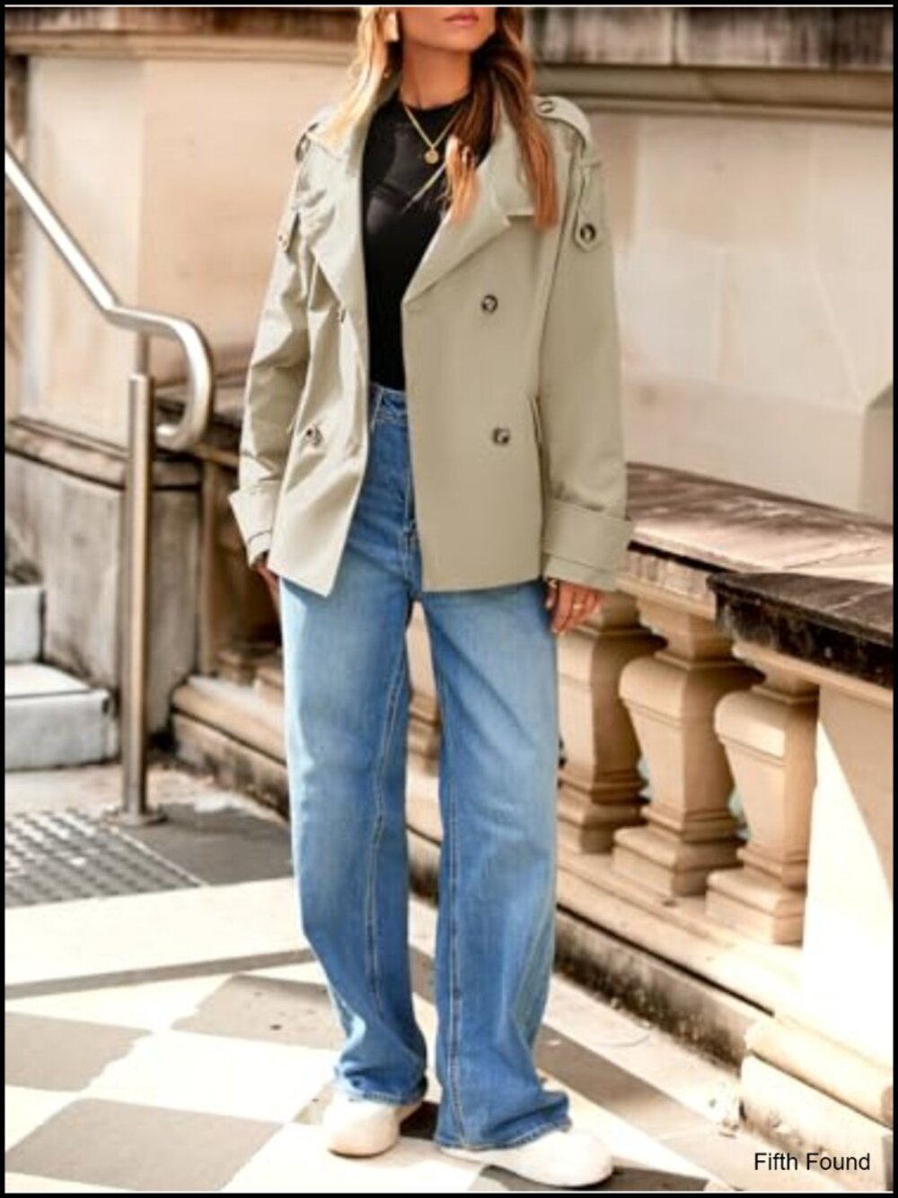 Cropped Trench Coat Oversized Double Breasted Funnel Neck Stand Collar Button - Picture 4 of 6
